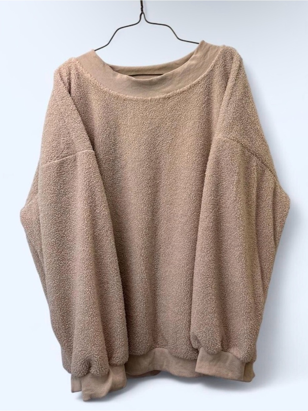 Cream Tan Teddy Fleece Pullover Sweatshirt XL/2XL Oversized Cozy Sherpa Crewneck